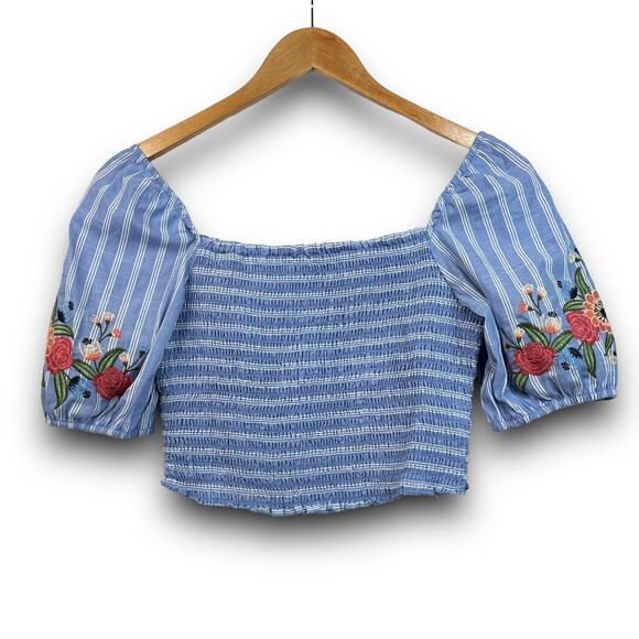 Womens Puff Sleeve Smocked Crop Top Embroidered Striped Blue White Size Small - Picture 1 of 4